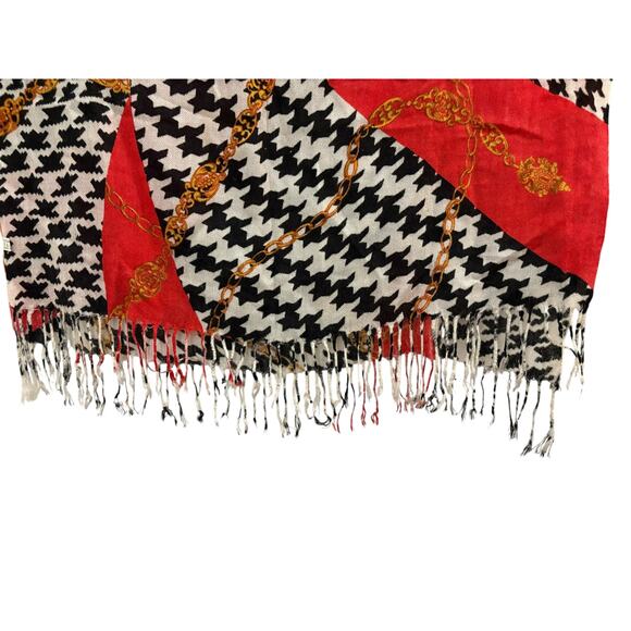 Red Silky Feel Scarf Multi Pattern Houndstooth Chain Links 100% Nylon Oblong - Picture 2 of 7
